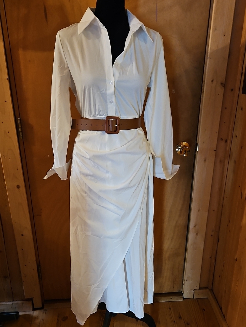 White Long Sleeve Shirt Dress with Brown Belt